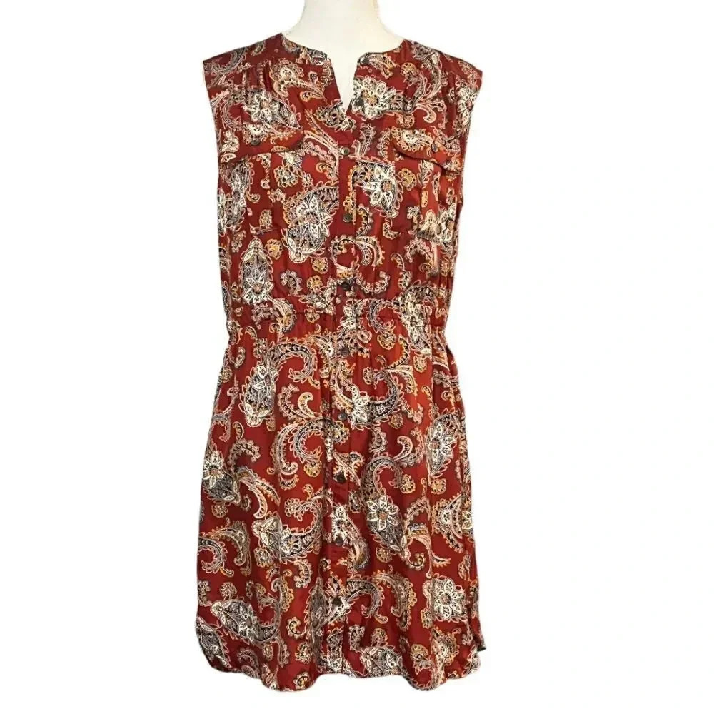 Lands End Canvas 1963 size 8 silk rust floral paisley dress w/elastic waist